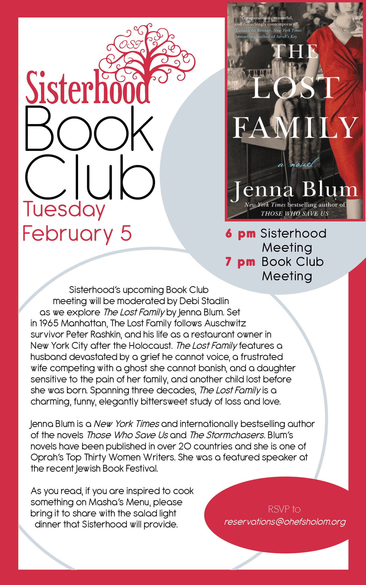 Sisterhood Book Club Flyer: The Lost Family