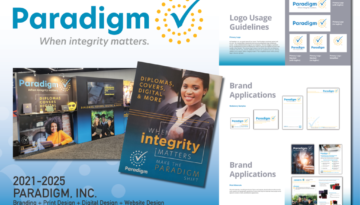 Collage of sample design work for Paradigm, Inc.
