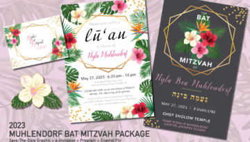 Collage showing Save-the-Date card, invitation, program cover, and enamel pin for Muhlendorf Bat Mitzvah