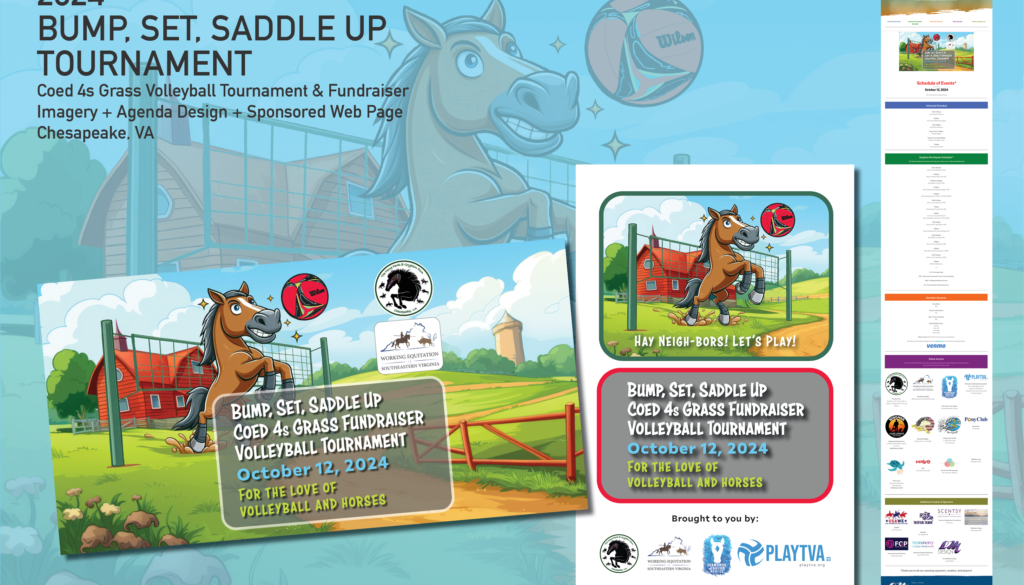 Collage featuring Bump, Set, Saddle Up tournament graphics, program & webpage