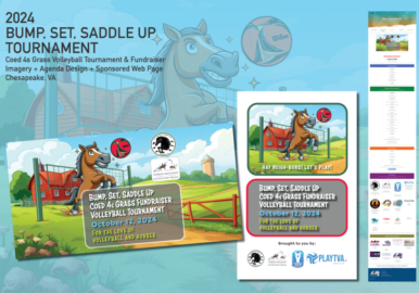 65_2024 Bump-Set-Saddle Up Collage featuring Bump, Set, Saddle Up tournament graphics, program & webpage