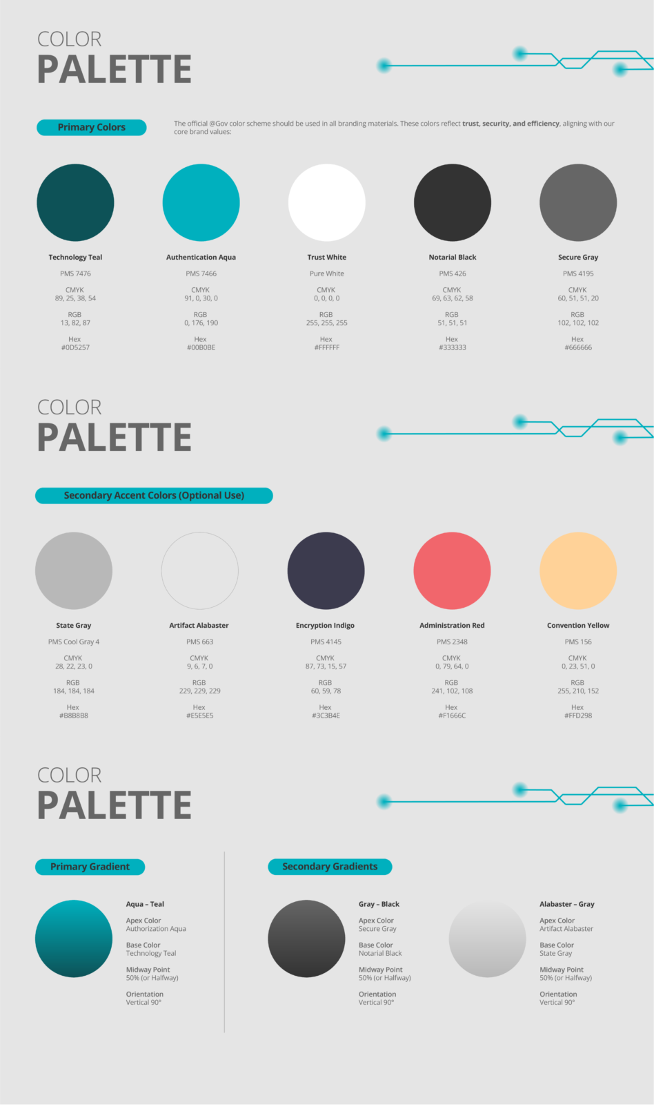 @Gov+AX_Color Palette 3-page sample compilation of from Brand Guidelines showing the @Gov & ApostilleXpress Color Palettes