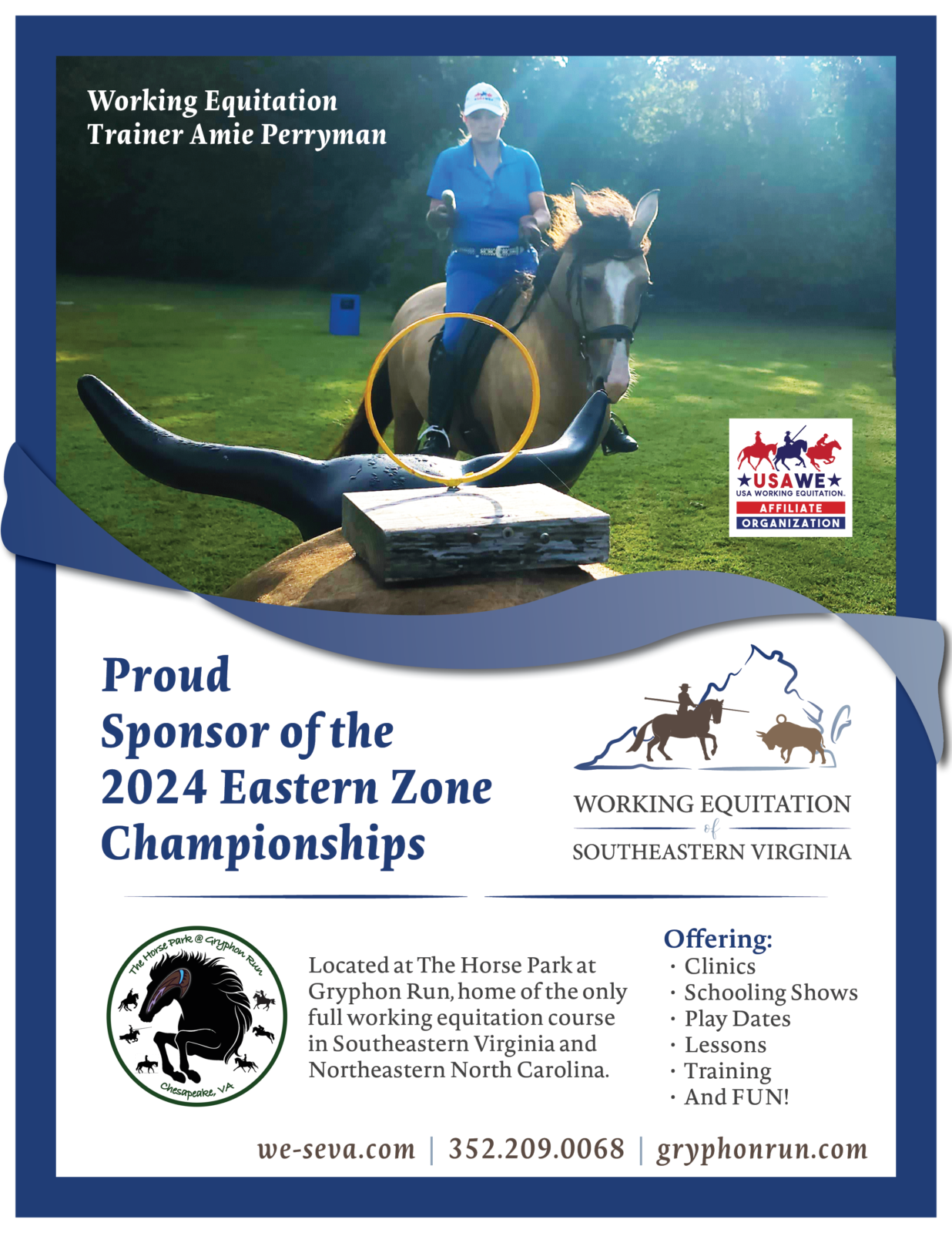 WESEVA Sponsor Ad for the Working Equitation 2024 Eastern Zone Championships, showing blond female rider on a horse spearing a ring atop a wooden bull.