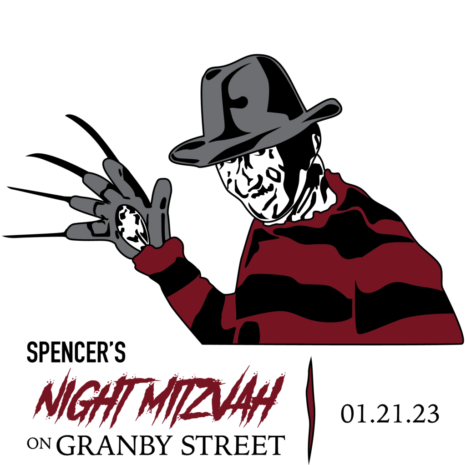 Barkan_ANMoGS_Freddy_3-color_FINAL 3-color (black, maroon, gray) illustrated horror character Freddy Krueger from chest up, with bar mitzvah theme title and date