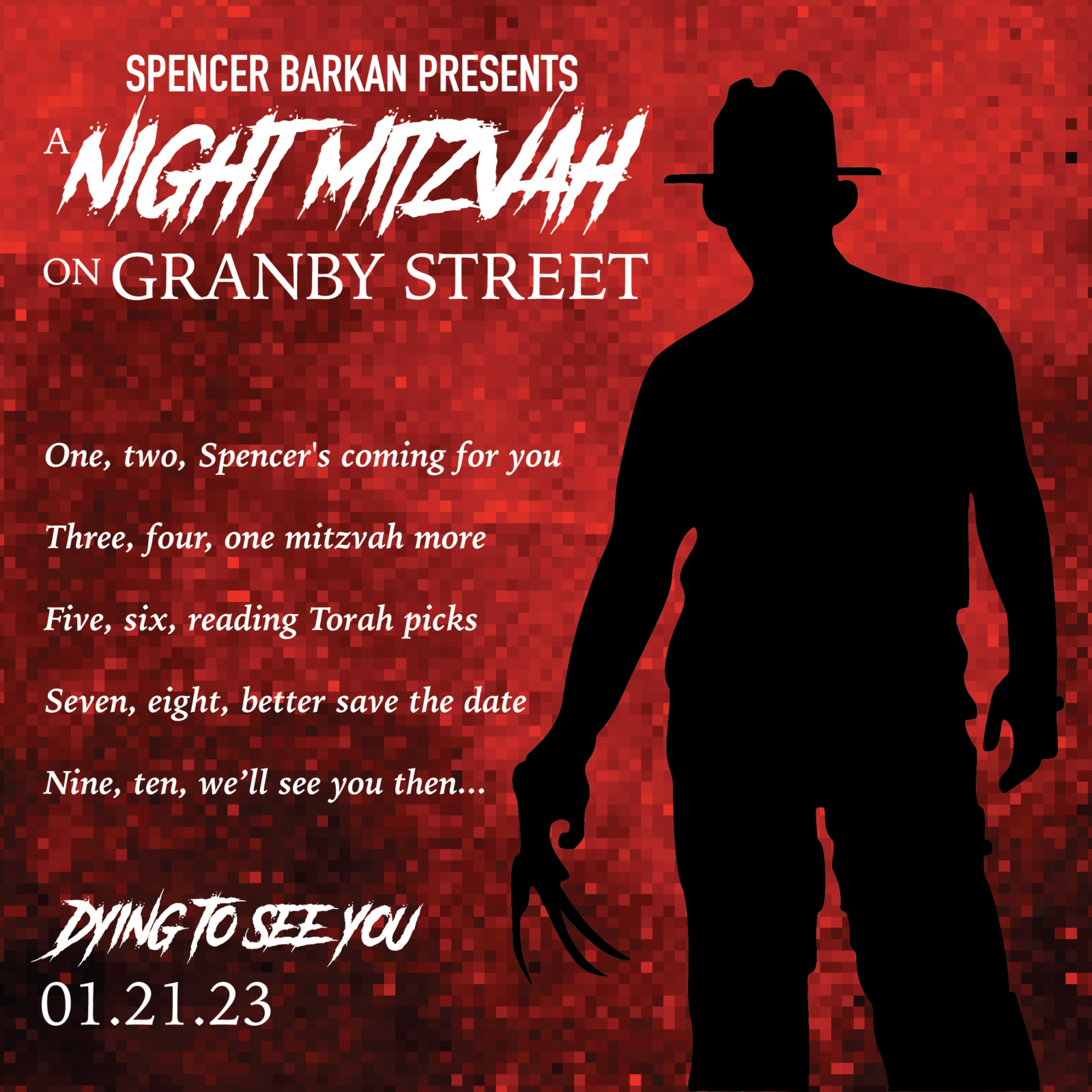 Barkan_ANMoGS_Logo+Song_FINAL Barkan Bar Mitzvah Save the Date graphic featuring black silhouette of Freddy Krueger and altered Freddy Lullaby.
