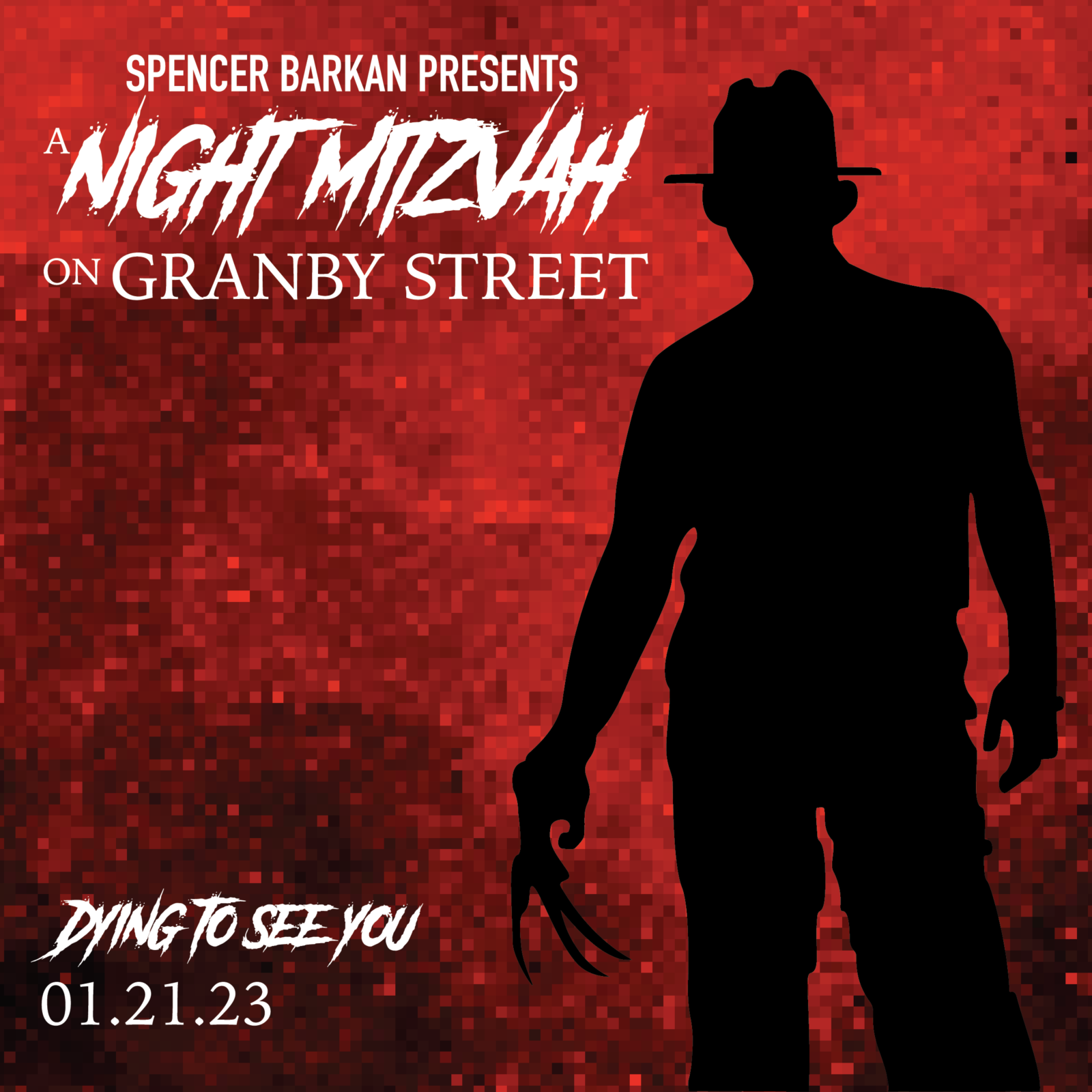 Barkan_ANMoGS_Logo_FINAL Barkan Bar Mitzvah Save the Date graphic featuring black silhouette of Freddy Krueger with event theme title and date.