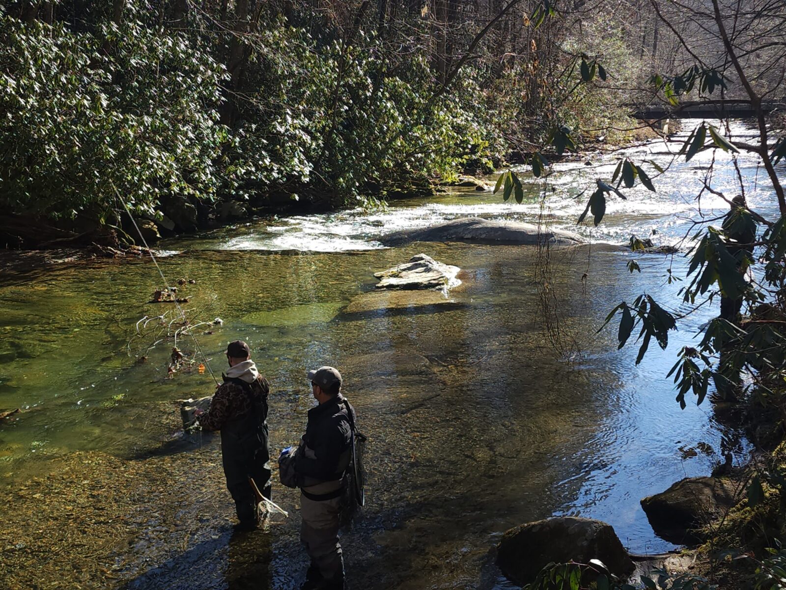 Fly fishermen in a stream at the Old Fort Gateway Trail System, Old Fort, North Carolina