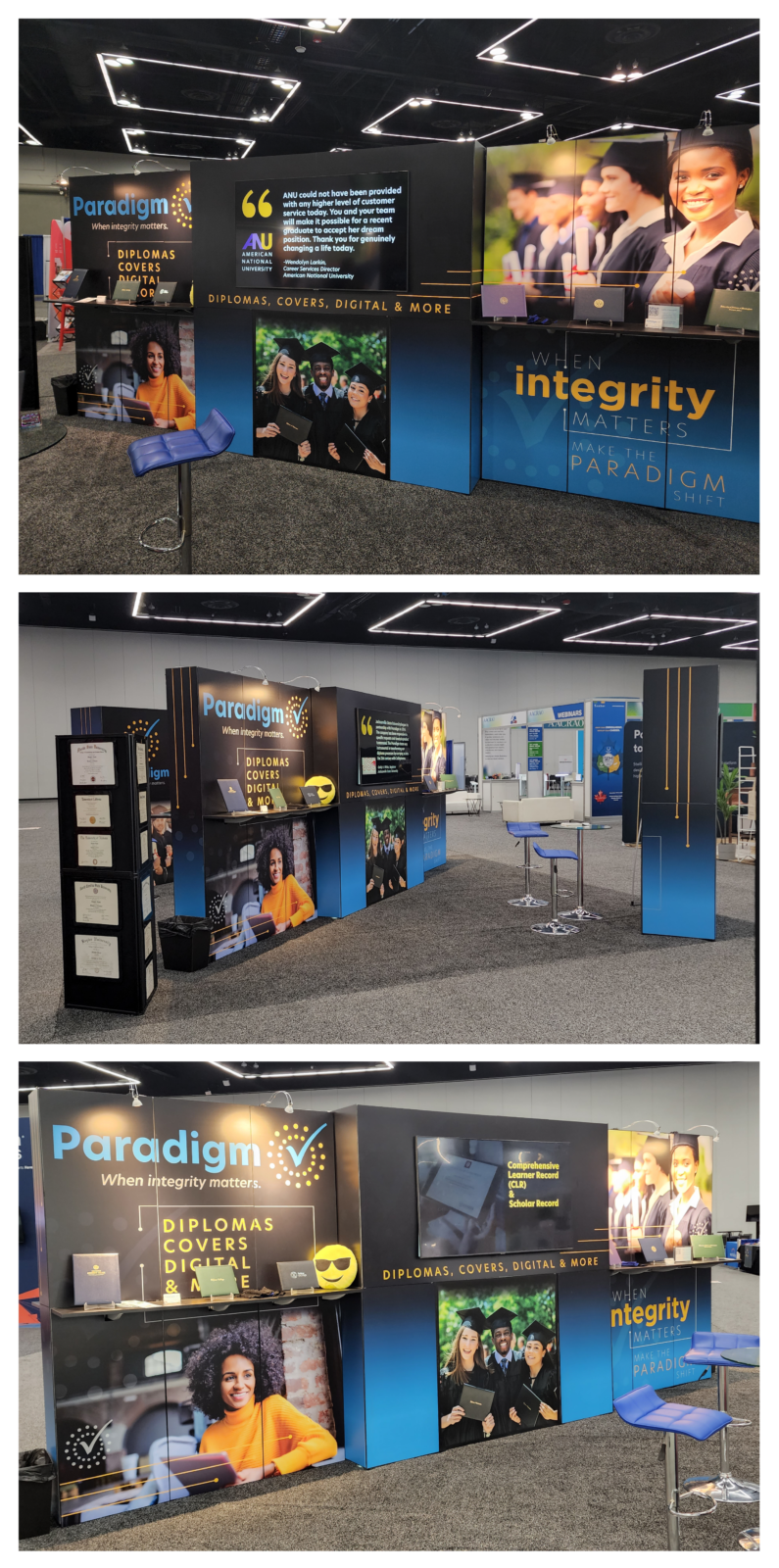 3-image compilation of the Paradigm trade show booth design (April 2022)