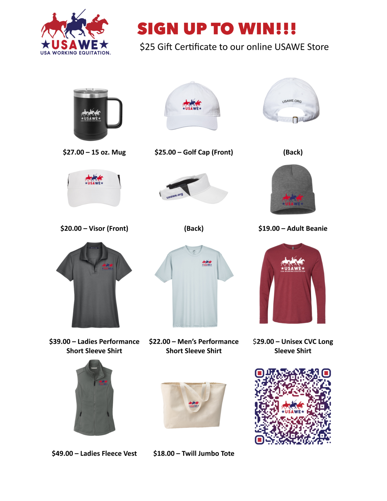 USAWE Flyer featuring select shop items and QR code for membership sign-up