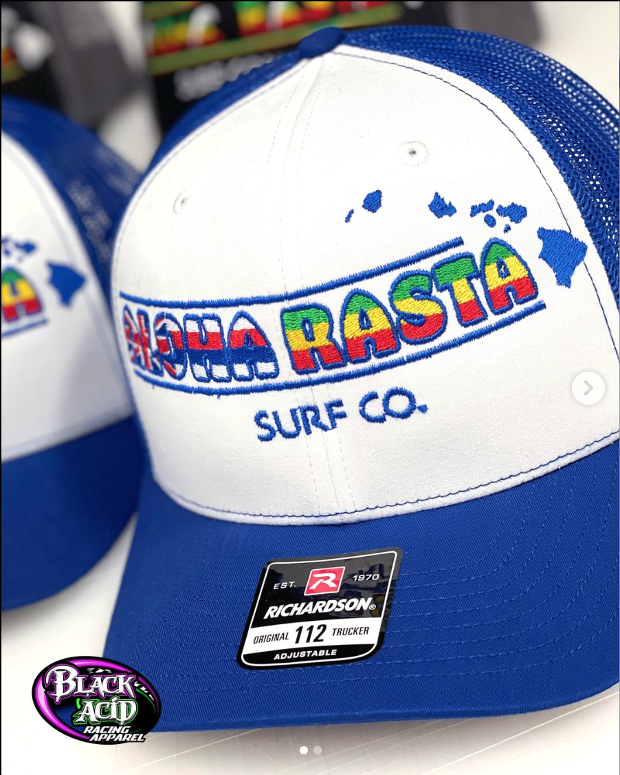 Aloha Rasta Logo with flag colors of Hawaii and Jamaica embroidered on blue hat