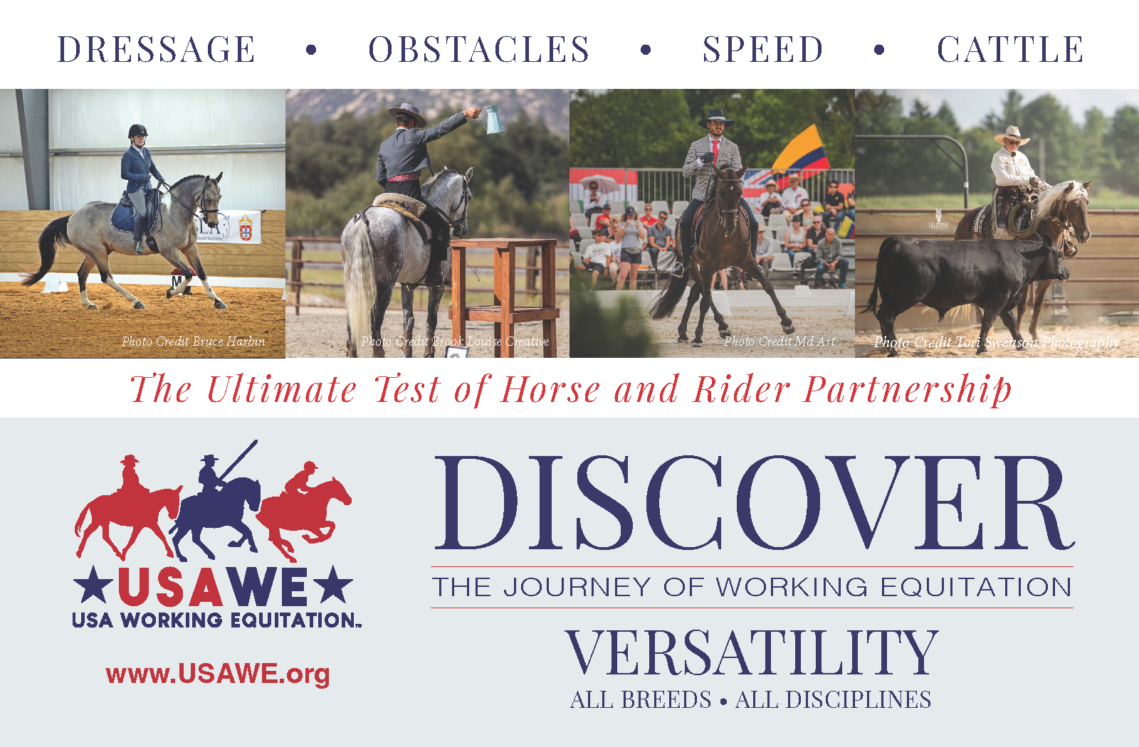 USAWE Ad for USLA_half page_FINAL Horizontal Ad showing images of the four stages of competition in working equitation: dressage, ease of handling, speed, and cattle
