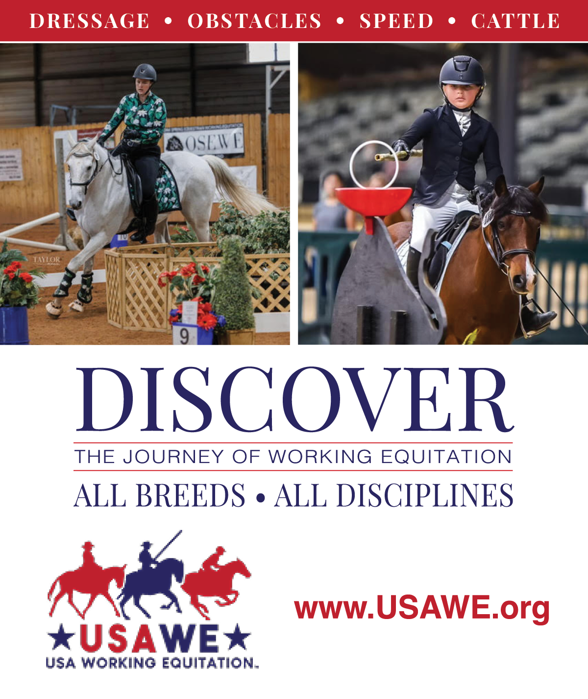 USAWE Ad_4x4.75_v2 Vertical Ad showing horse & rider in speed challenge and youth rider on horseback spearing a ring on top of a wooden bull