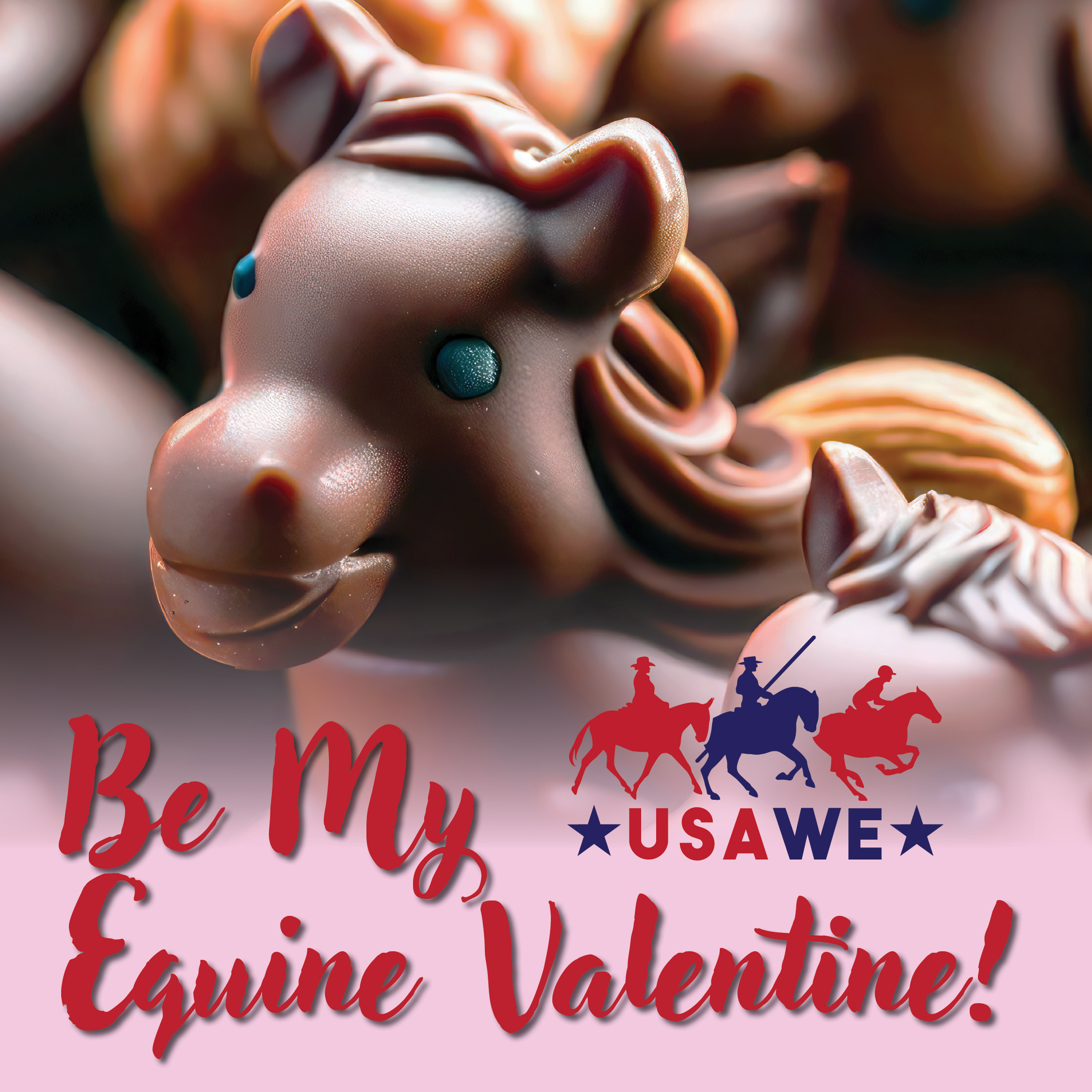 Social Media post for Valentine's Day featuring smiling chocolate horses with the words "Be My Equine Valentine!"