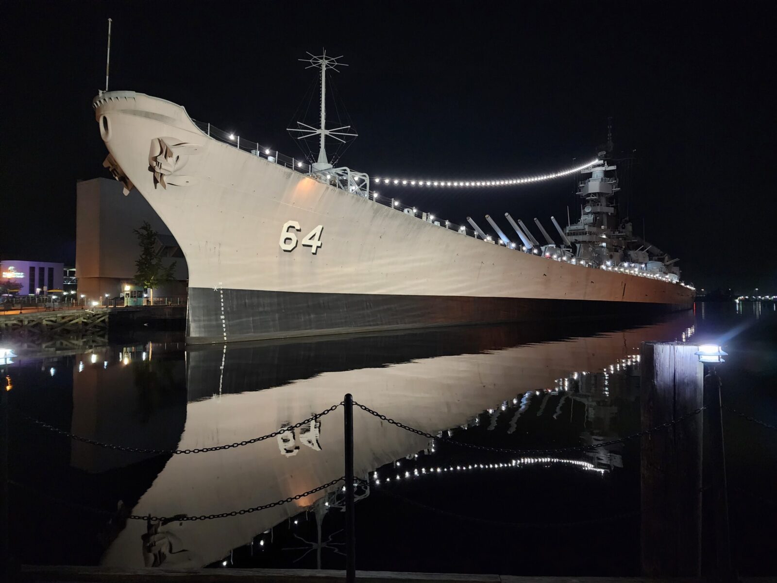 The U.S.S. Wisconsin at night in Norfolk, VA