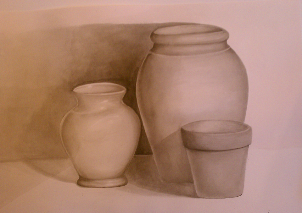 Still Life of Clay Vases & Pot (Ink Wash)